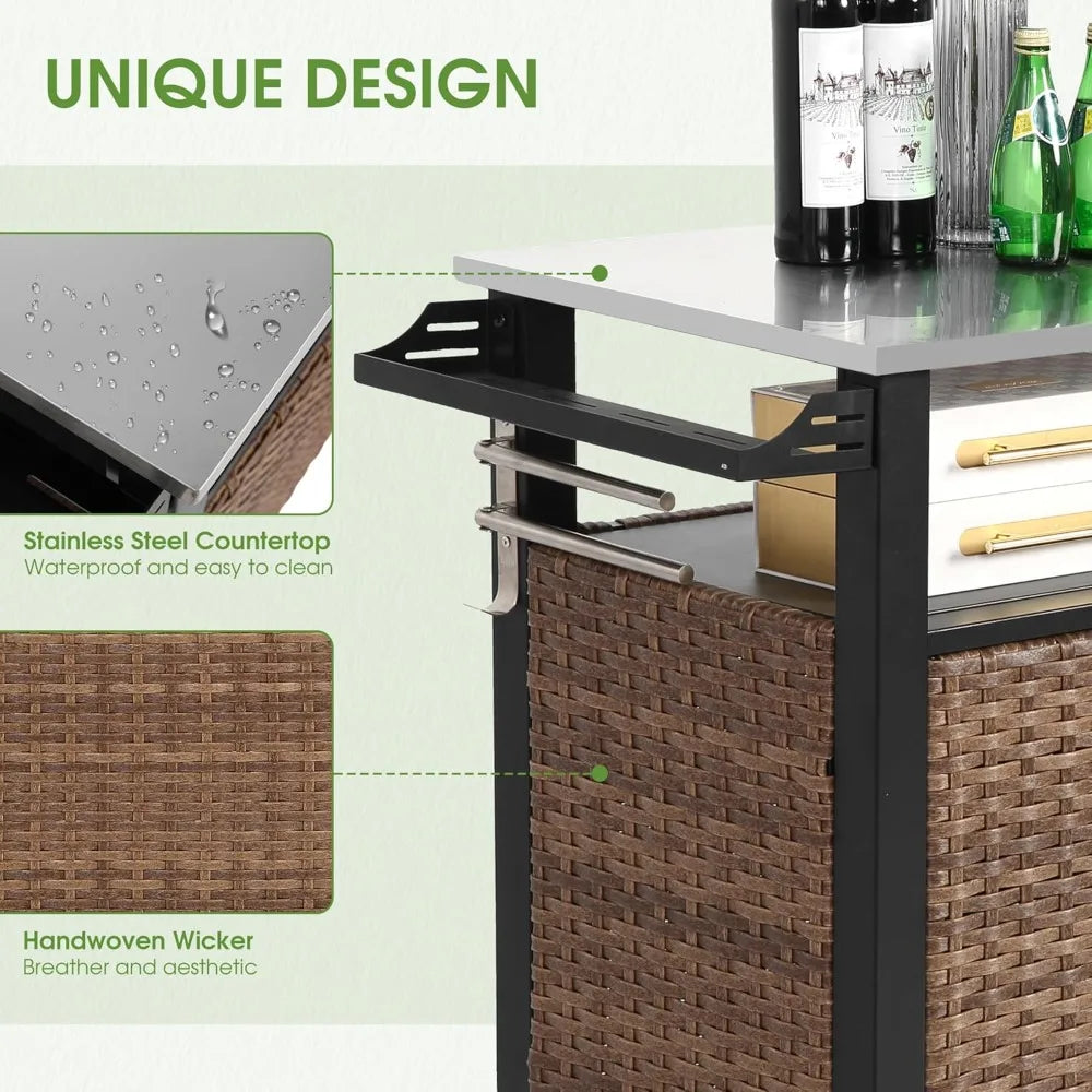 Outdoor Bar Cart Weatherproof With Hooks And Wheels