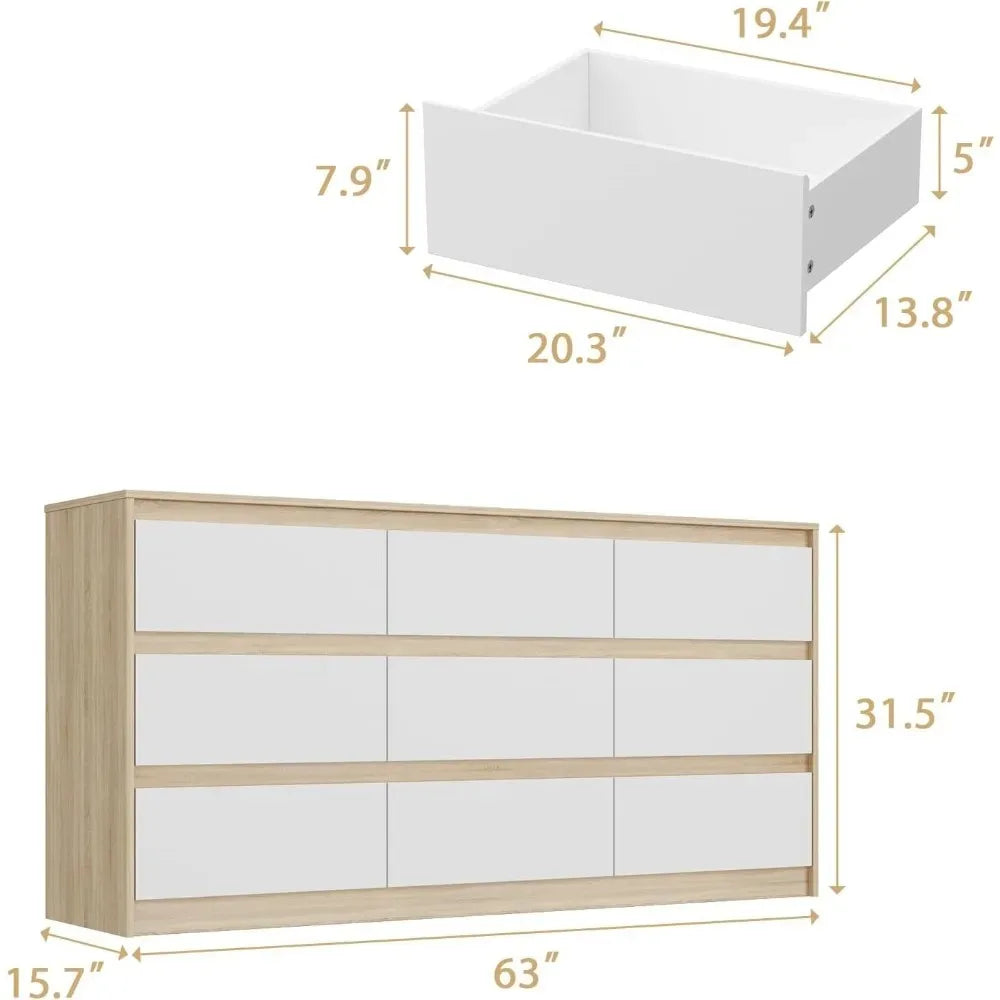 Chengwei No-Handle 9-Drawer Dresser With Oak Veneer