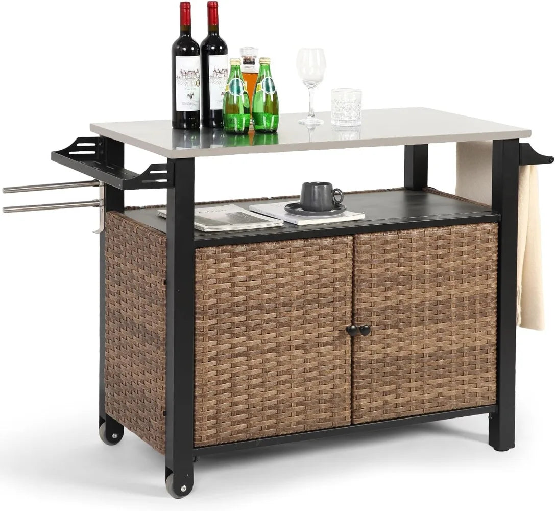 Outdoor Bar Cart Weatherproof With Hooks And Wheels