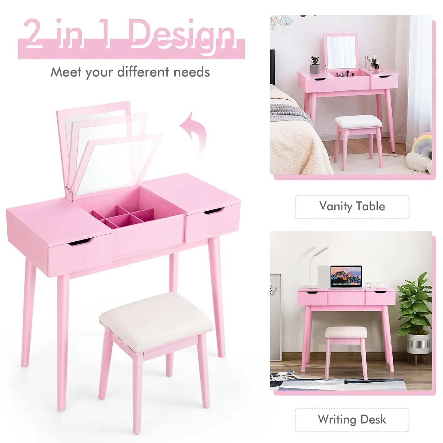 Vanity Set Flip Top Mirror Desk For Makeup Organization