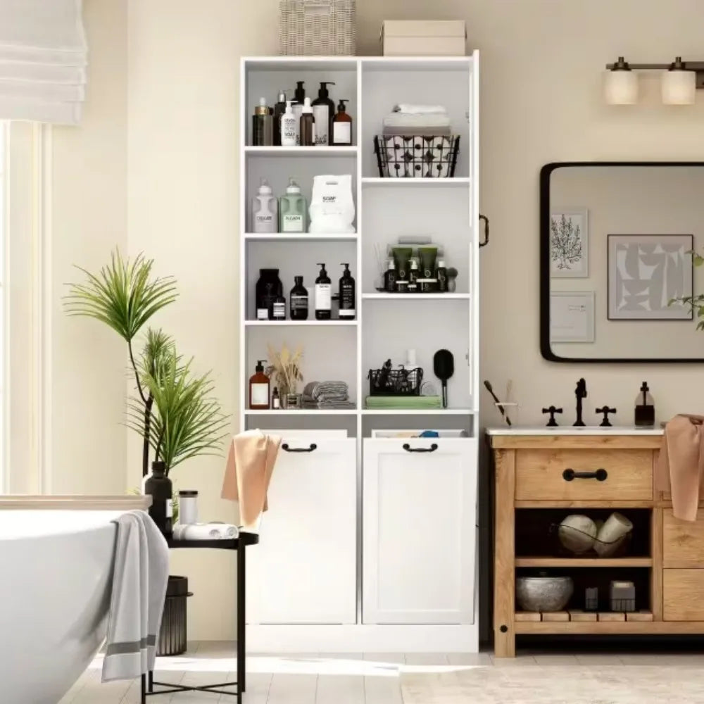 Linen Cabinet Freestanding Wood With Flip Storage For Clothes