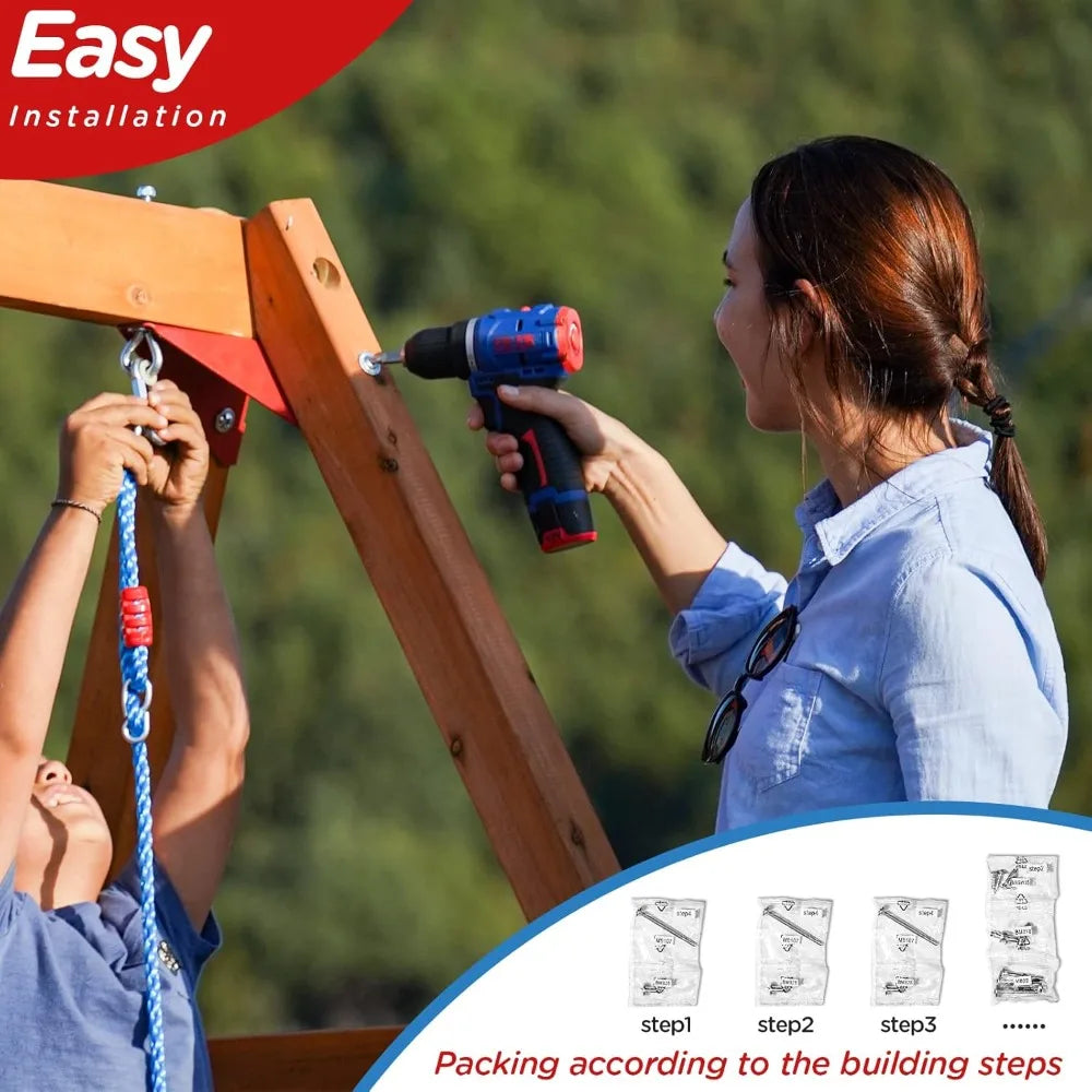 Wooden Swing Set Outdoor With 6ft Slide And Climbing Wall