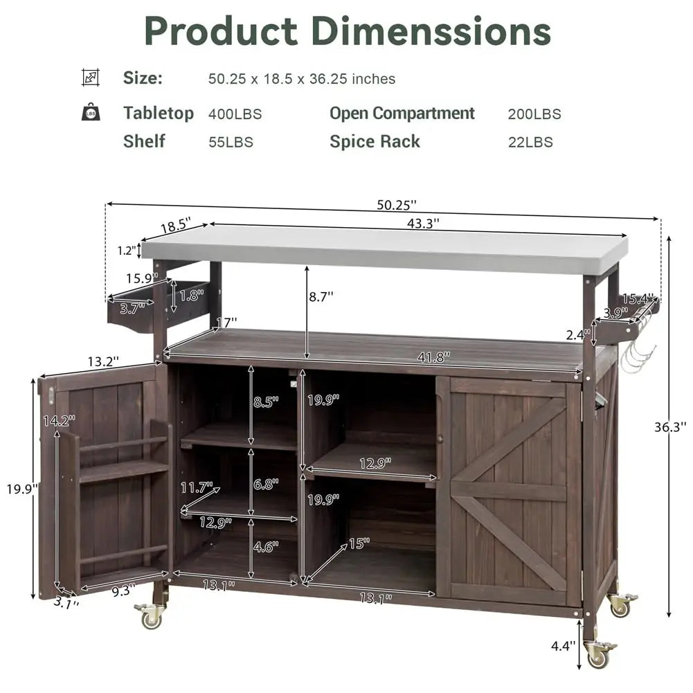 Outdoor Grill Table Stainless Steel Top Wood Kitchen Island Cabinet