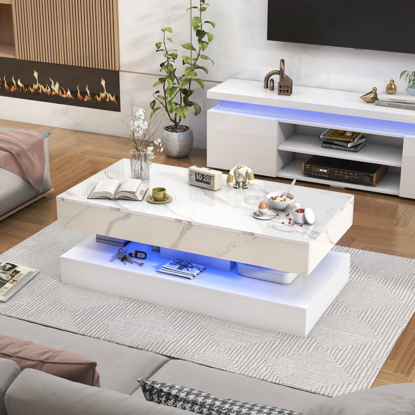 QiaoShiRen Coffee Table With LED Lights, Dual Storage Drawers