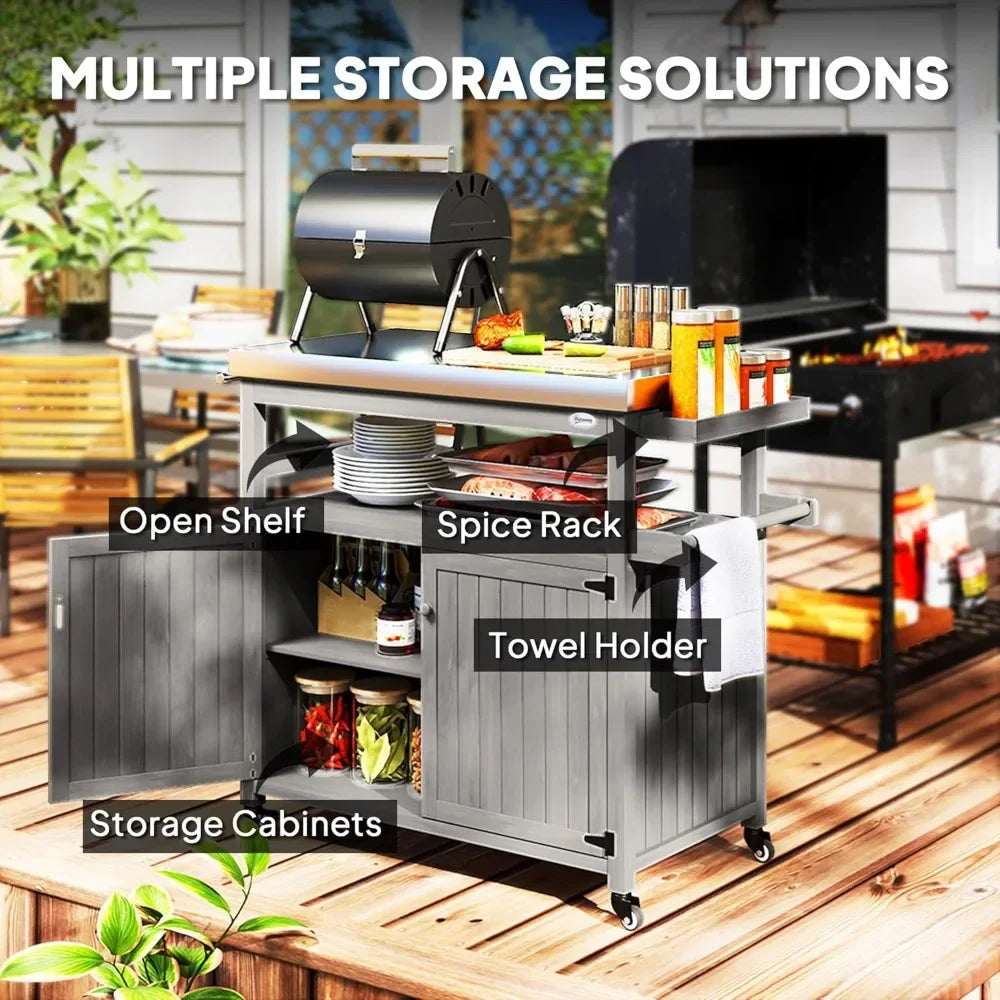Outdoor Grill Cart With Stainless Steel Top And Storage