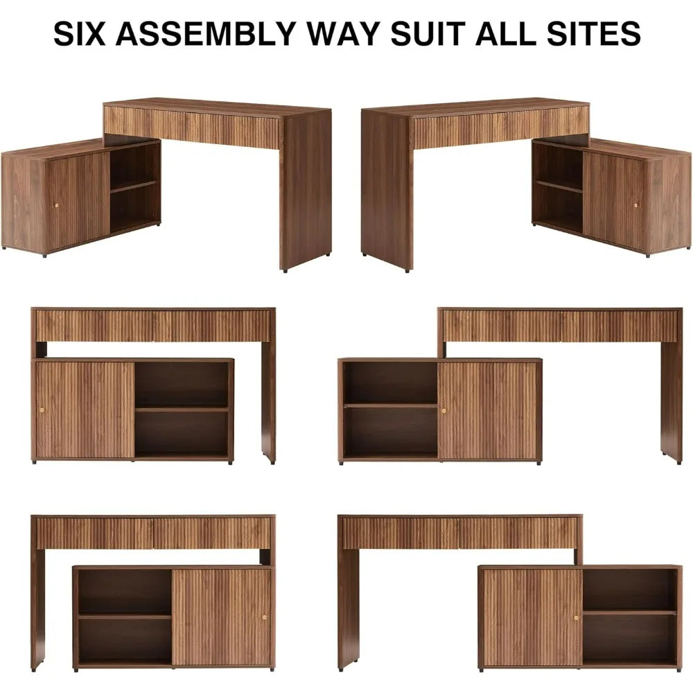 Desk Walnut L-Shaped Computer Desk With Drawers, Home Office