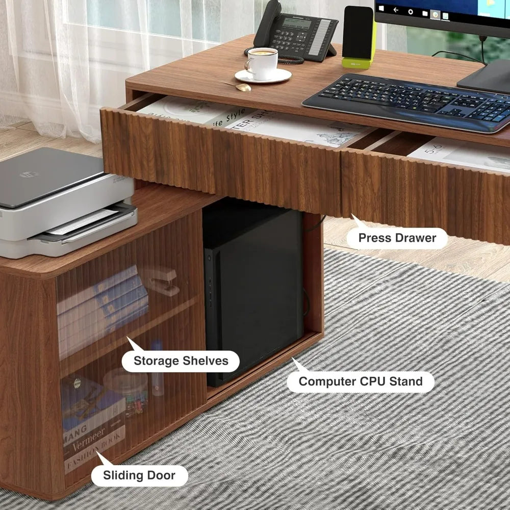 Desk Walnut L-Shaped Computer Desk With Drawers, Home Office