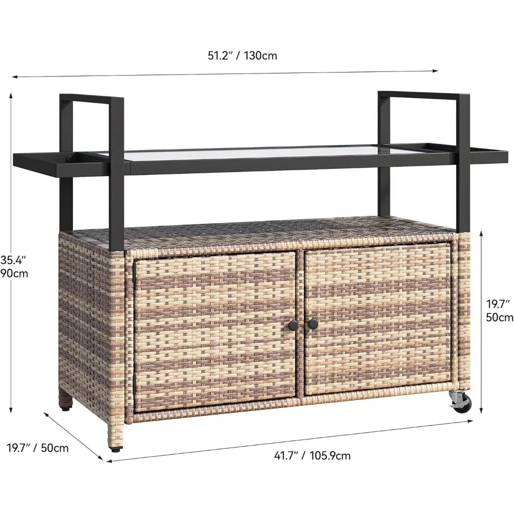 Outdoor Kitchen Wicker Island Rolling Cart With Glass Top