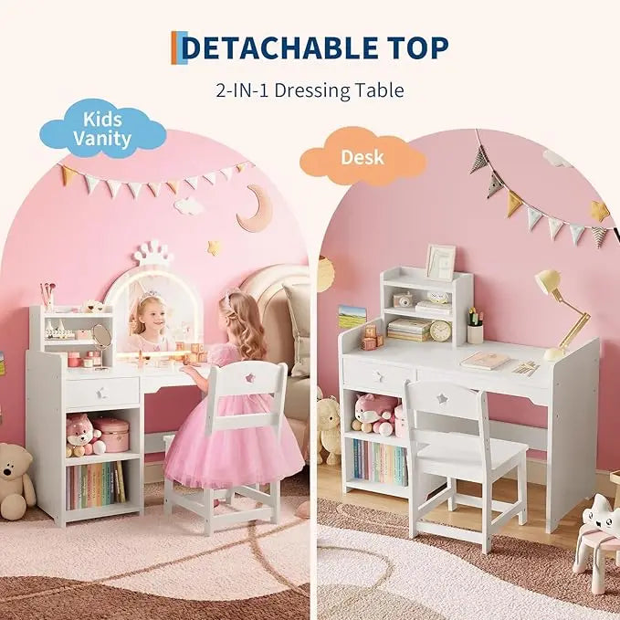 HiMISS Kids Vanity With Lights Desk Set For Girls Playroom