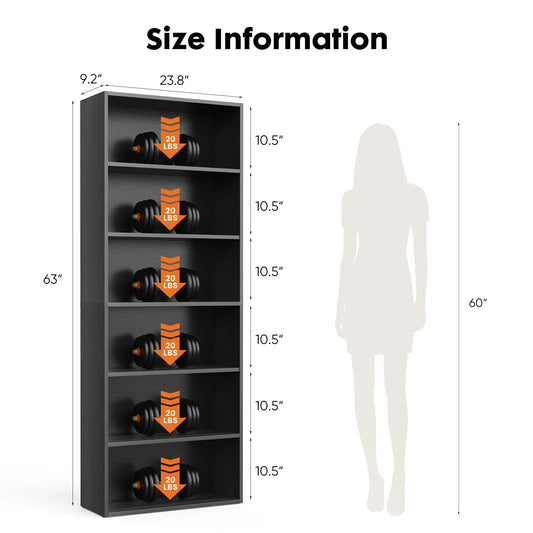 JHK Wooden Bookshelf, 6-Tier Open Floor Standing For Living Room