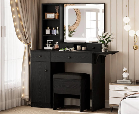 Vanity Desk With LED Mirror For Bedroom Makeup Organization