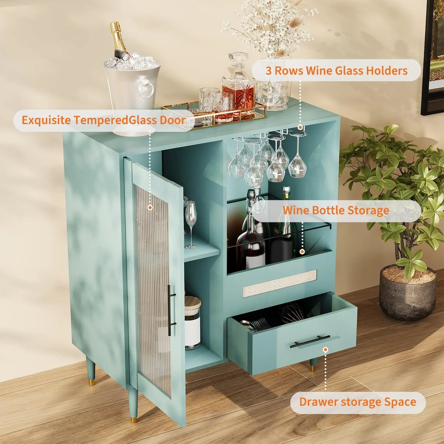 HiMISS Wine Bar Cabinet Tempered Glass Door For Living Room