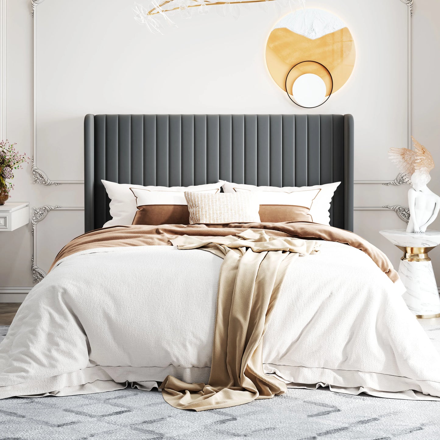 HOOMIC Velvet Bed Frame With Wingback Headboard Channel Tufted