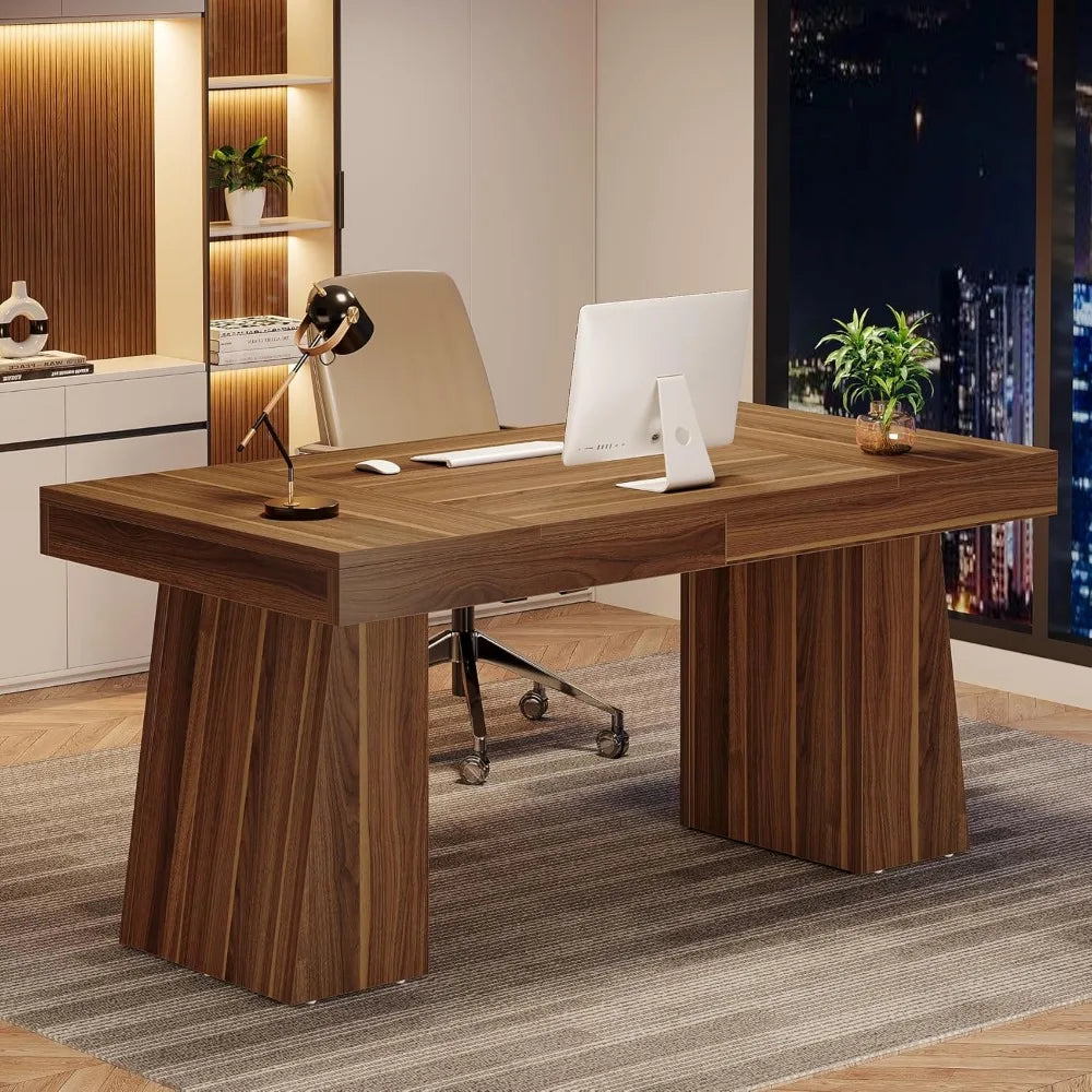 Desk Mid-Century Modern Executive Wood With Trapezoid Base