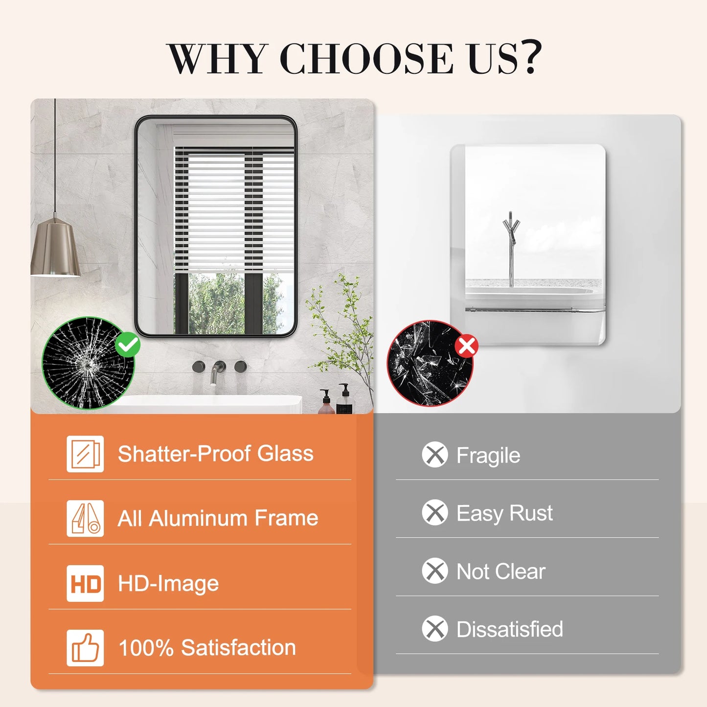 JHK Bathroom Mirror Matte Metal Framed, Rectangular, Clear Reflection