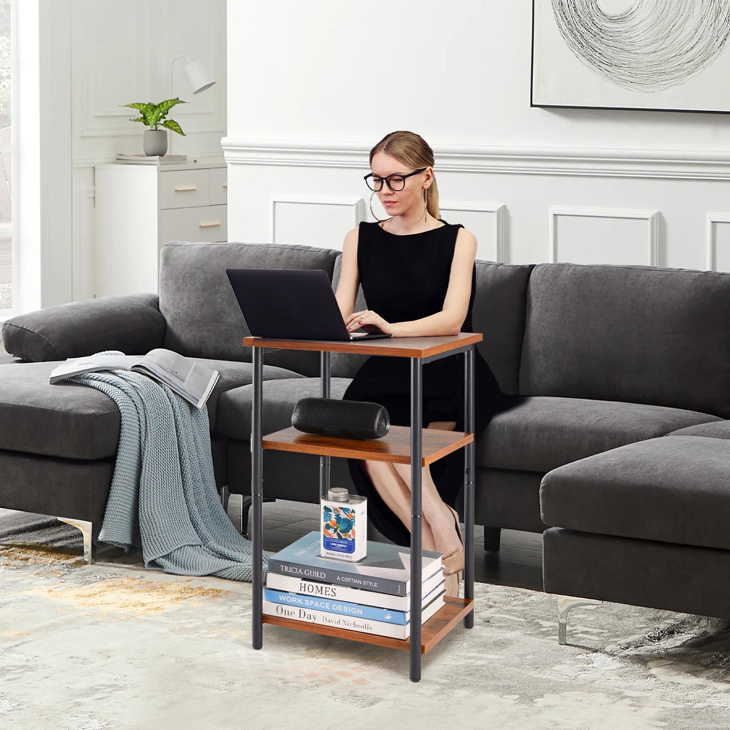 JHK End Table Three-Tier Steel Frame with Adjustable Feet Space-Saving