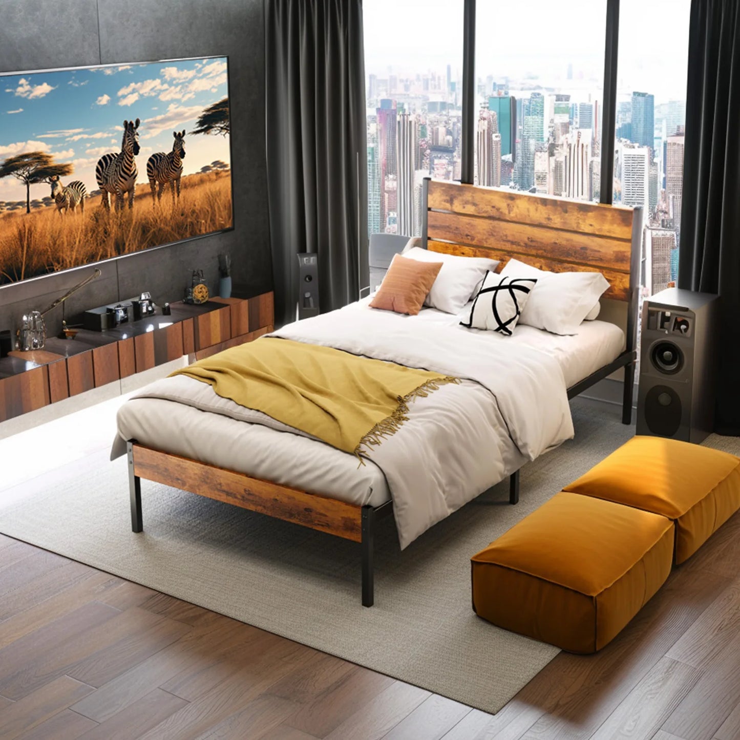 JHK Metal Platform Bed Frame With Headboard, 800LBS Capacity