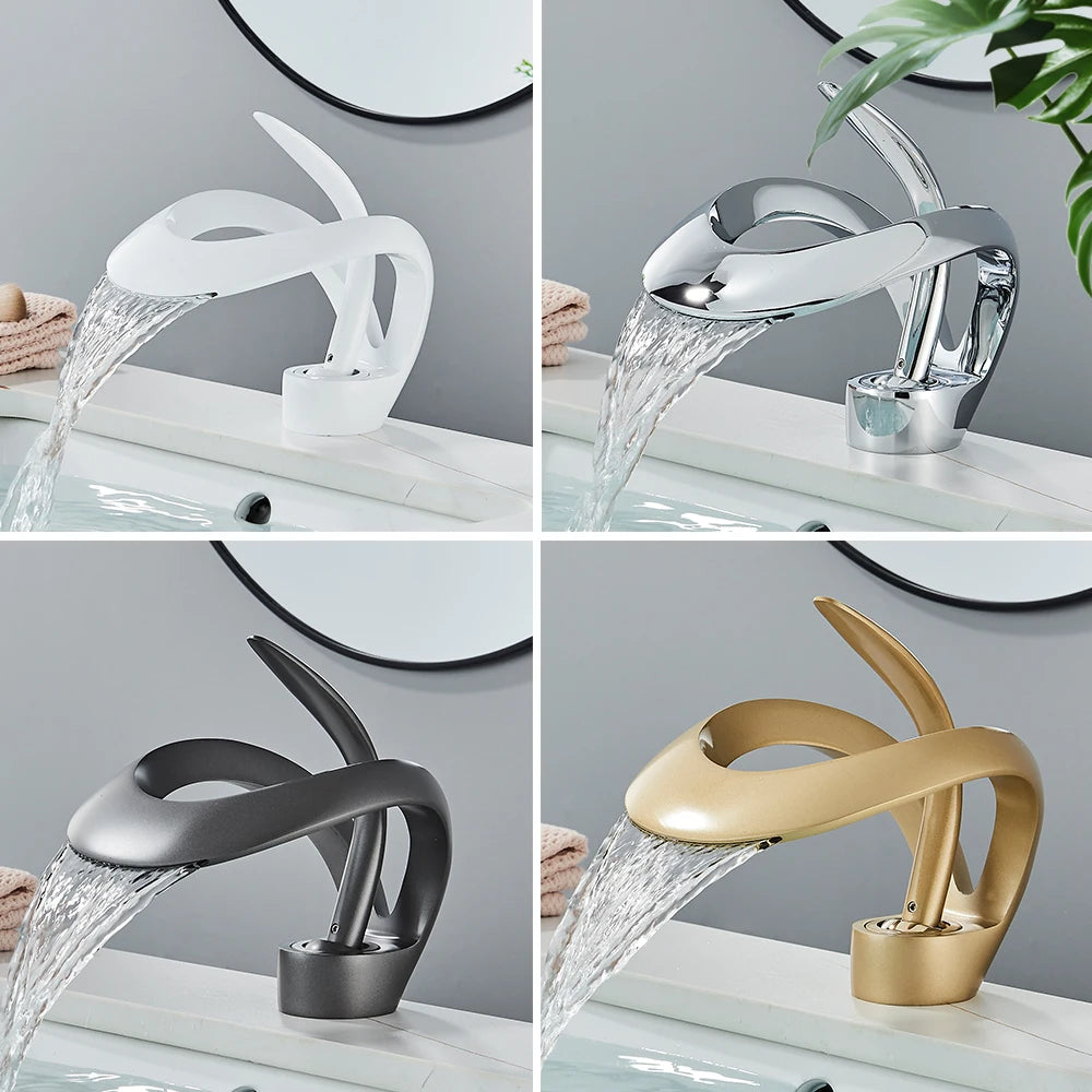 Rozin Basin Waterfall Brass Faucet, Deck Mount Hot Cold