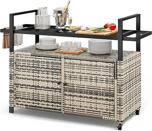 Outdoor Kitchen Wicker Island Rolling Cart With Glass Top