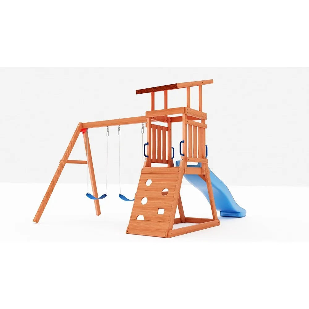 Wooden Swing Set Outdoor With 6ft Slide And Climbing Wall