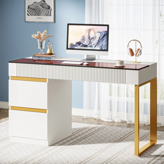 Tribesigns Computer Desk With Glass Top And 4 Drawers