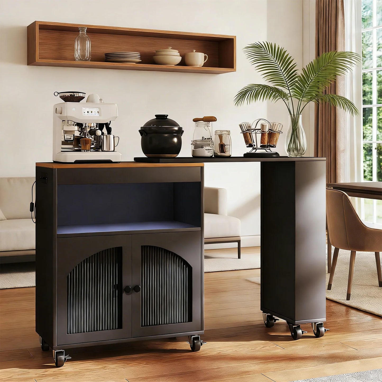 Kitchen Island On Wheels MDF Rolling Cart With LED Outlets