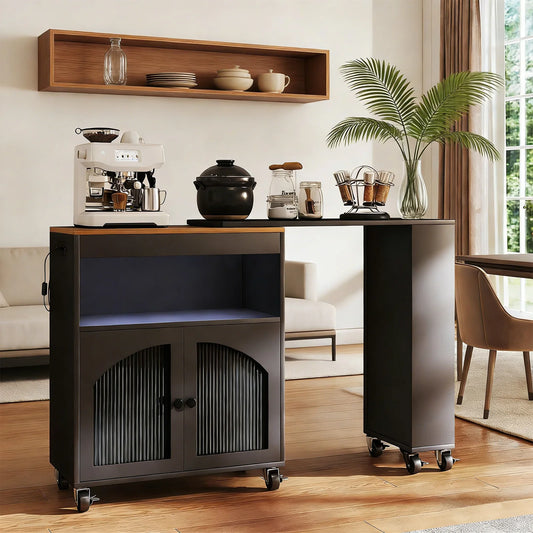 Kitchen Island On Wheels MDF Rolling Cart With LED Outlets