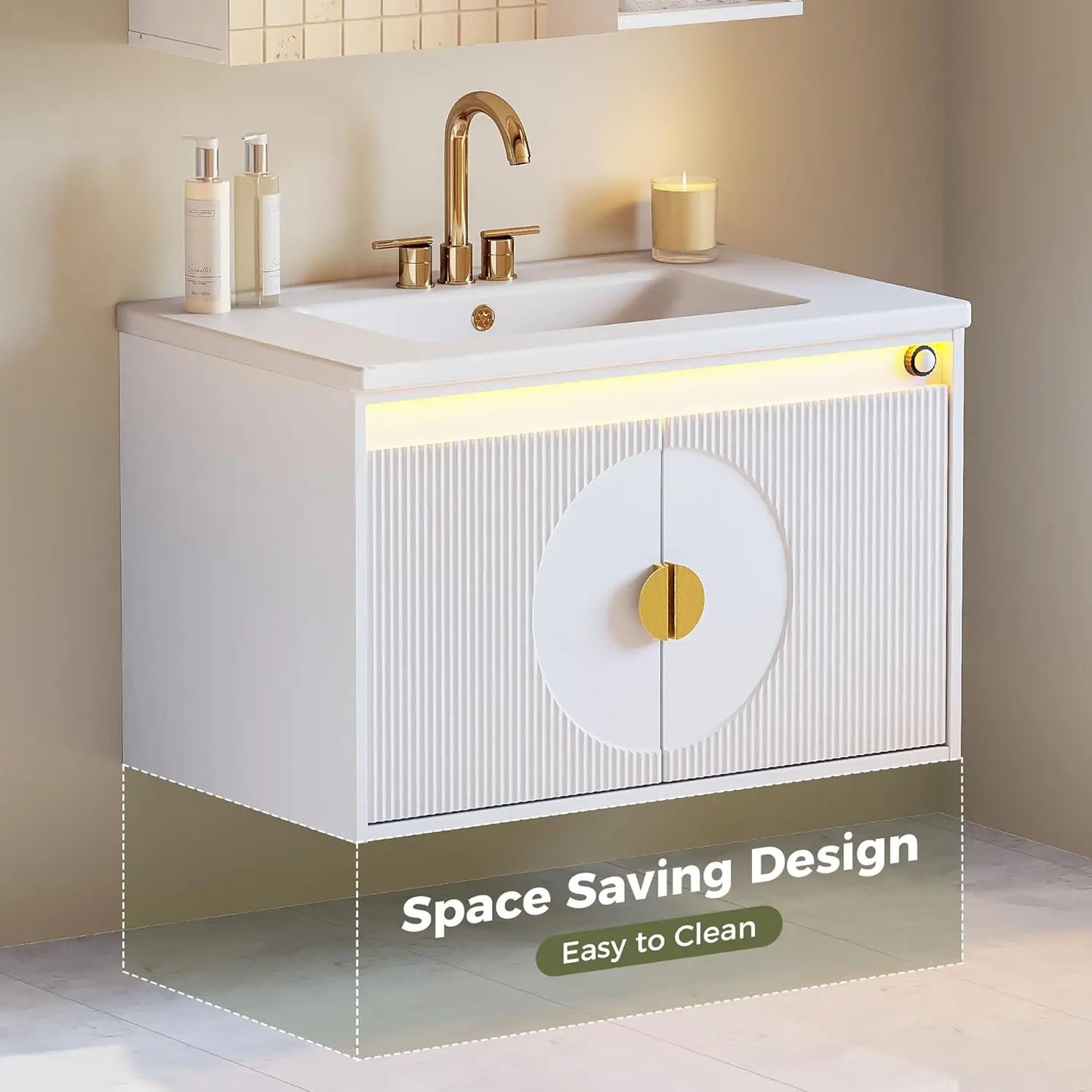 IRONCK Floating Vanity With Sink LED Mirror Cabinet