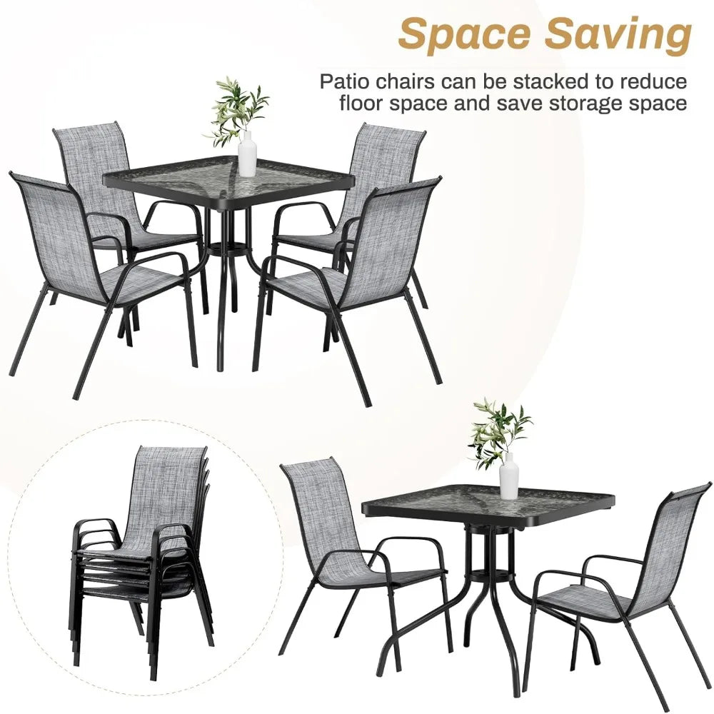 Outdoor Patio Dining Set Glass Table With 4 Textline Chairs