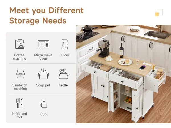 Mobile Kitchen Island With Power Outlet On Wheels Storage Cart