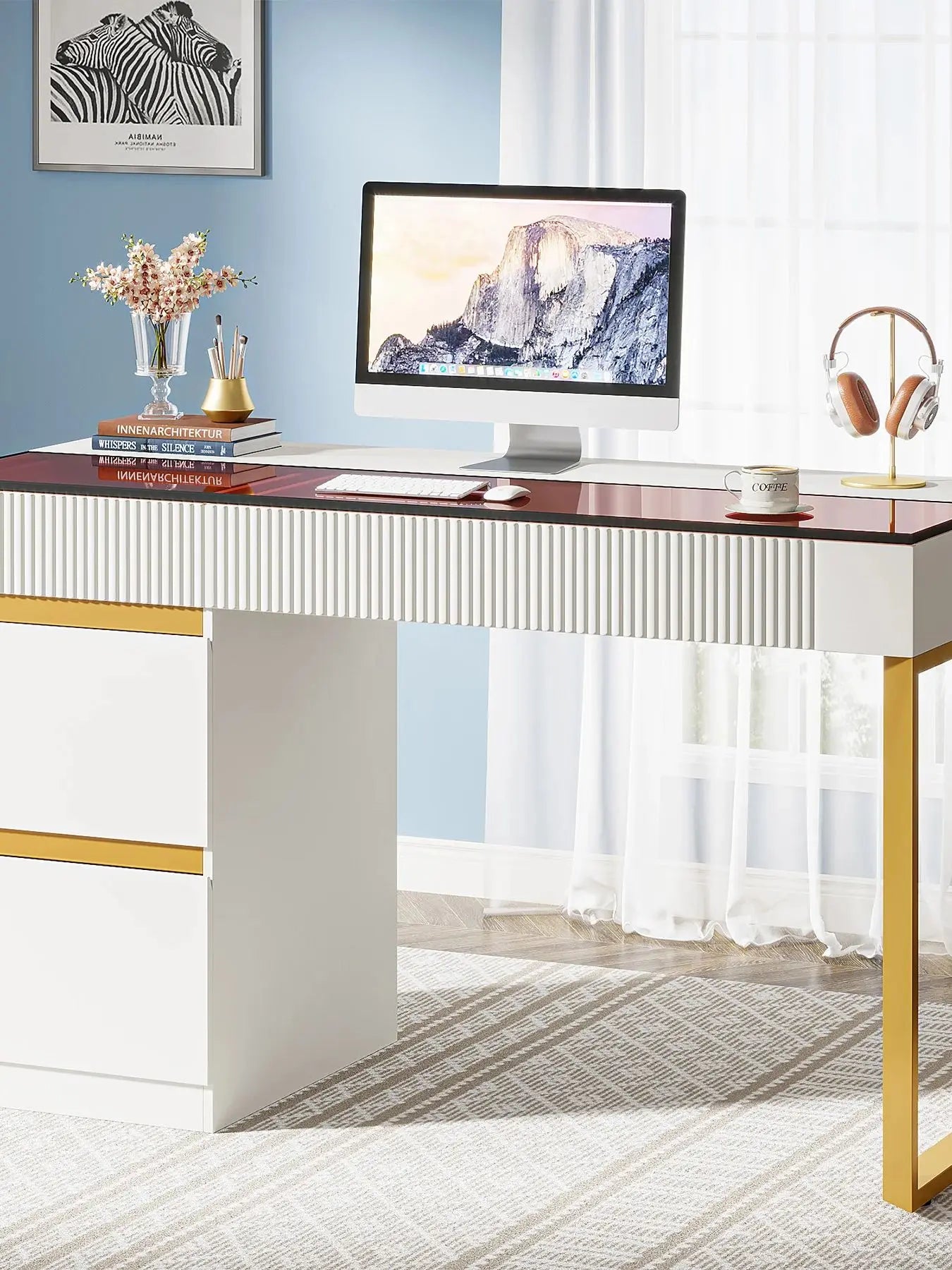 Tribesigns Computer Desk With Glass Top And 4 Drawers
