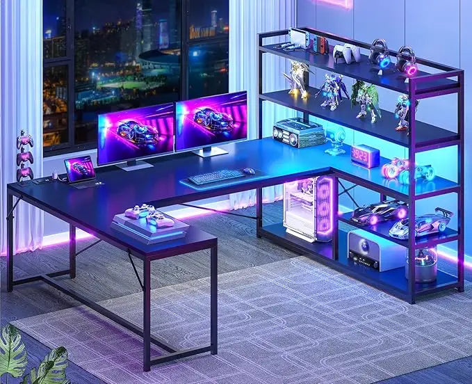 L Shaped Desk With Power Outlet For Home Office Setup