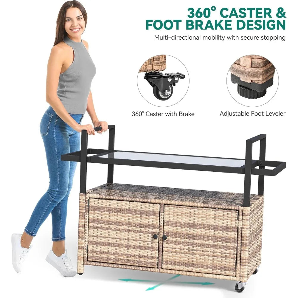 Outdoor Kitchen Wicker Island Rolling Cart With Glass Top