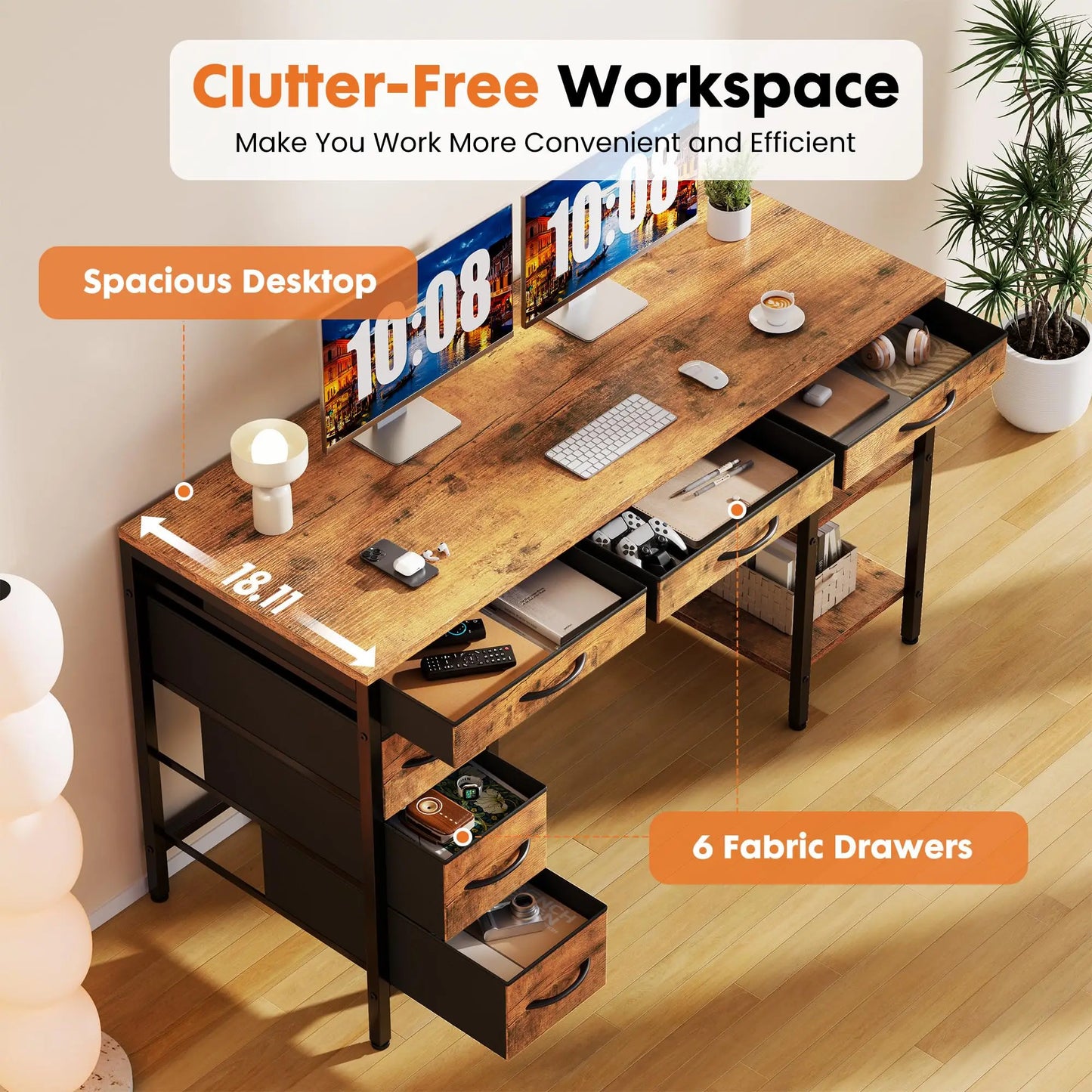 JHK Computer Desk With 6 Drawers And Storage Shelves
