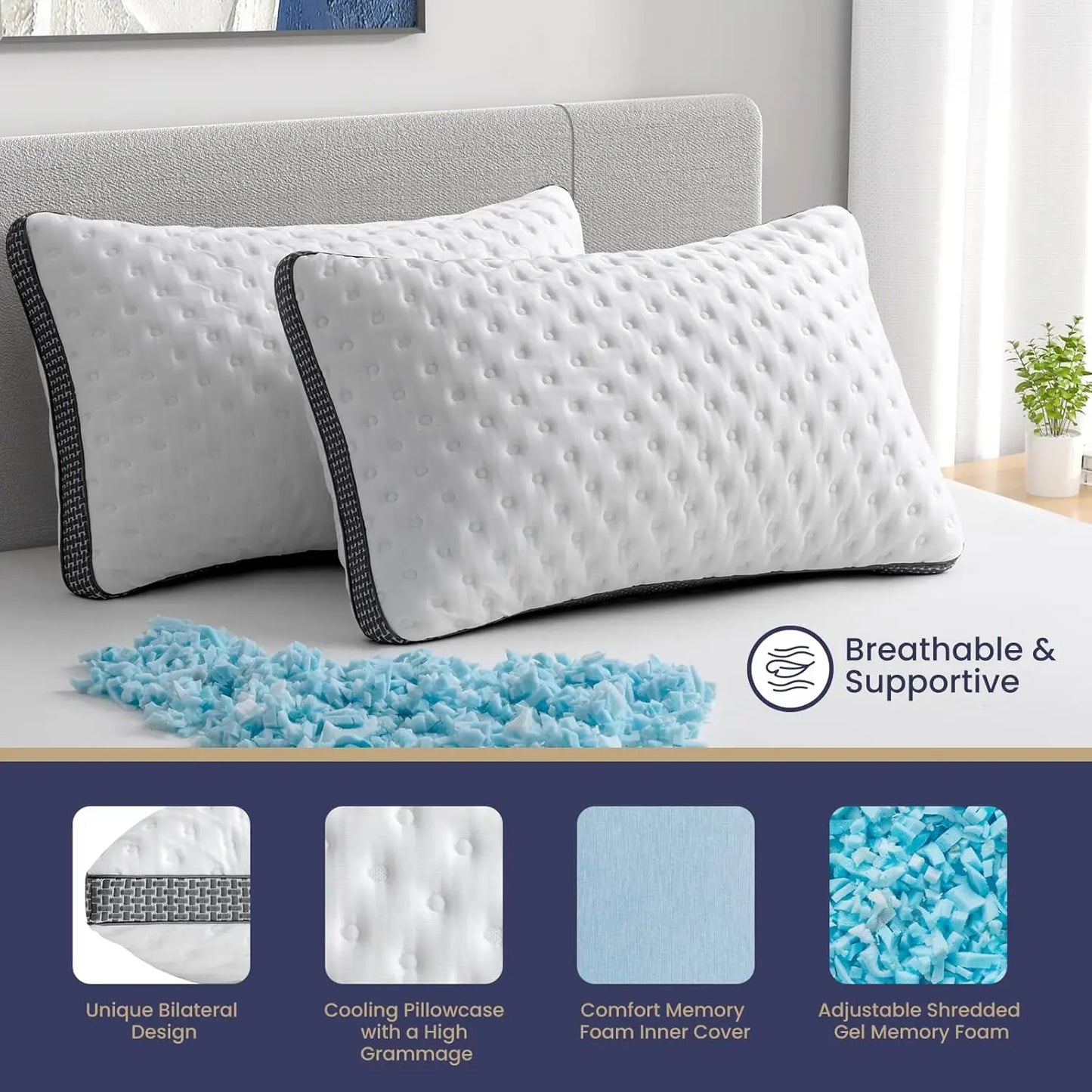 BedStory Pillow Cooling Gel Memory Foam, Medium Firm CertiPUR-US