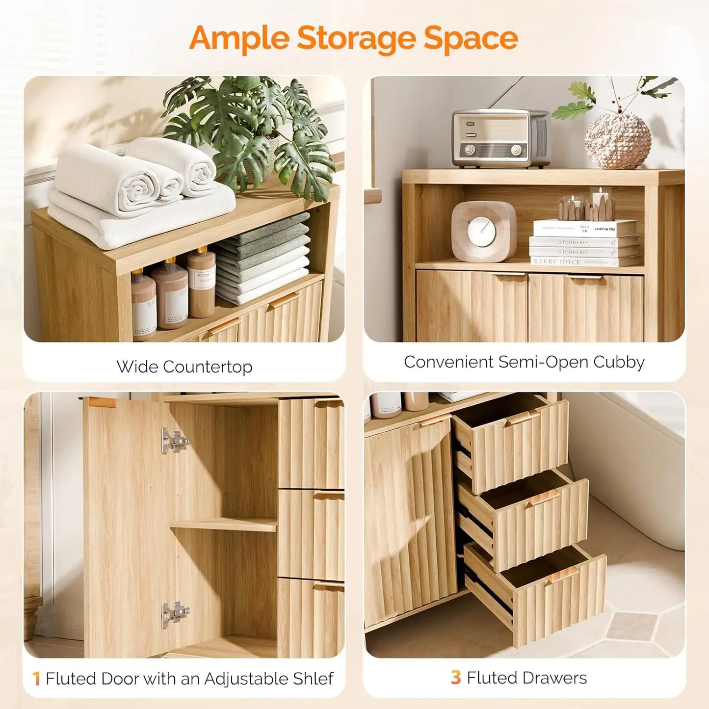 Bathroom Storage Cabinet With Fluted Doors And Drawers Engineered Wood