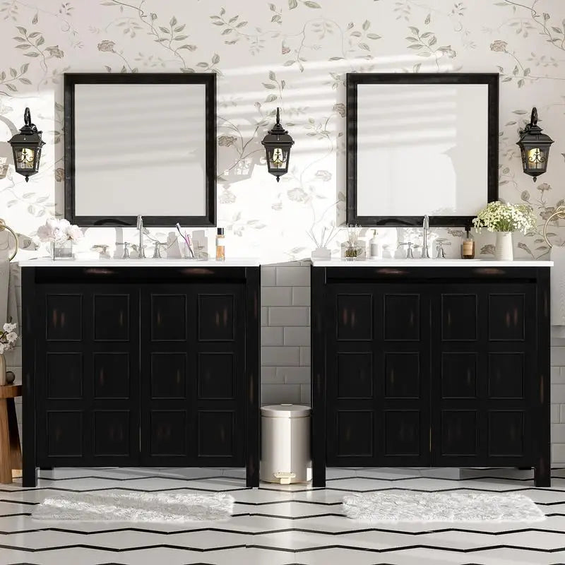 Bathroom Vanity Set With Double Ceramic Sinks And Soft-Close Doors