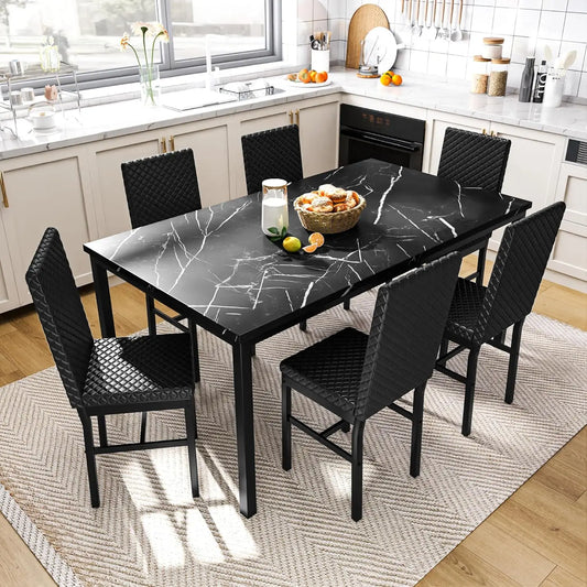 Dining Table Set Faux Marble Table PU Leather Chairs