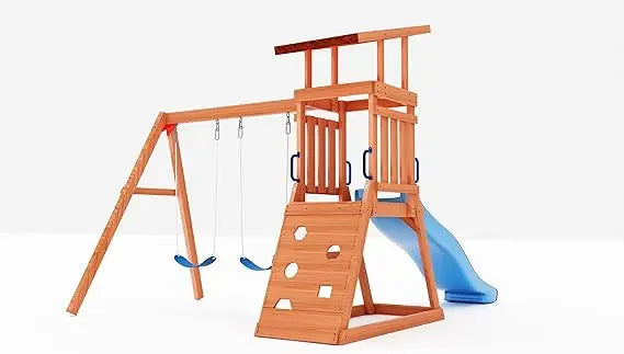 Wooden Swing Set Outdoor With 6ft Slide And Climbing Wall