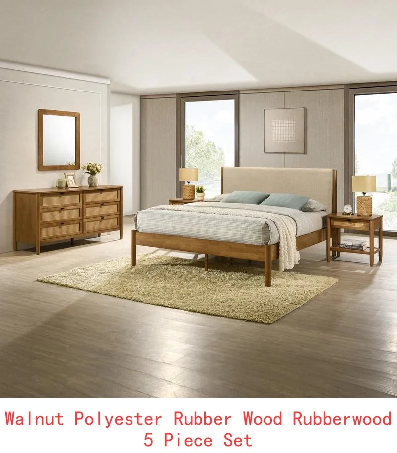 Bedroom Set Rubberwood Upholstered Queen Bed Dresser Mirror