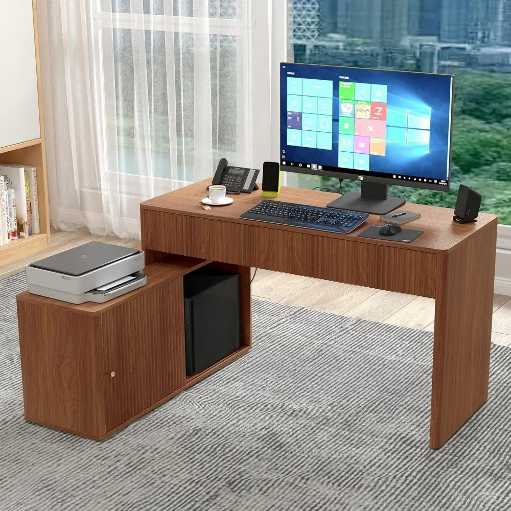 Desk Walnut L-Shaped Computer Desk With Drawers, Home Office
