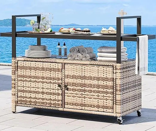 Outdoor Kitchen Wicker Island Rolling Cart With Glass Top