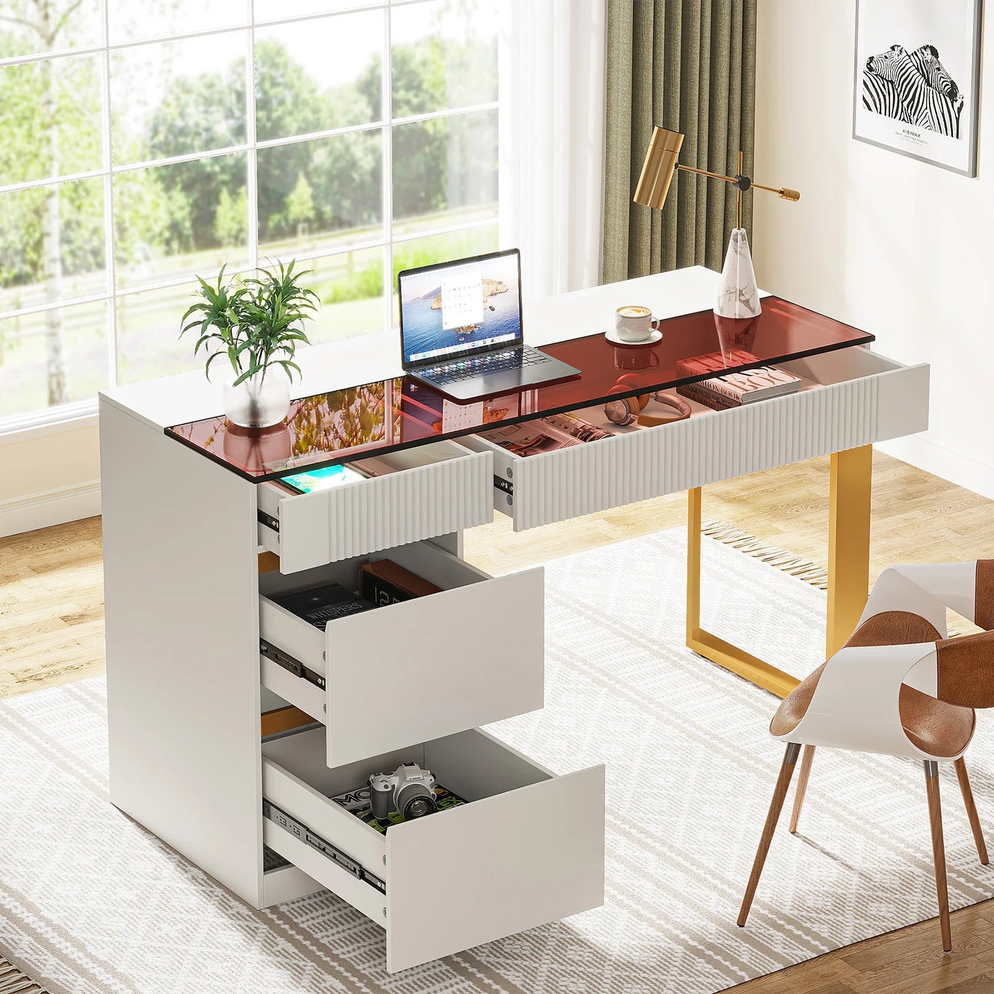 Tribesigns Computer Desk With Glass Top And 4 Drawers