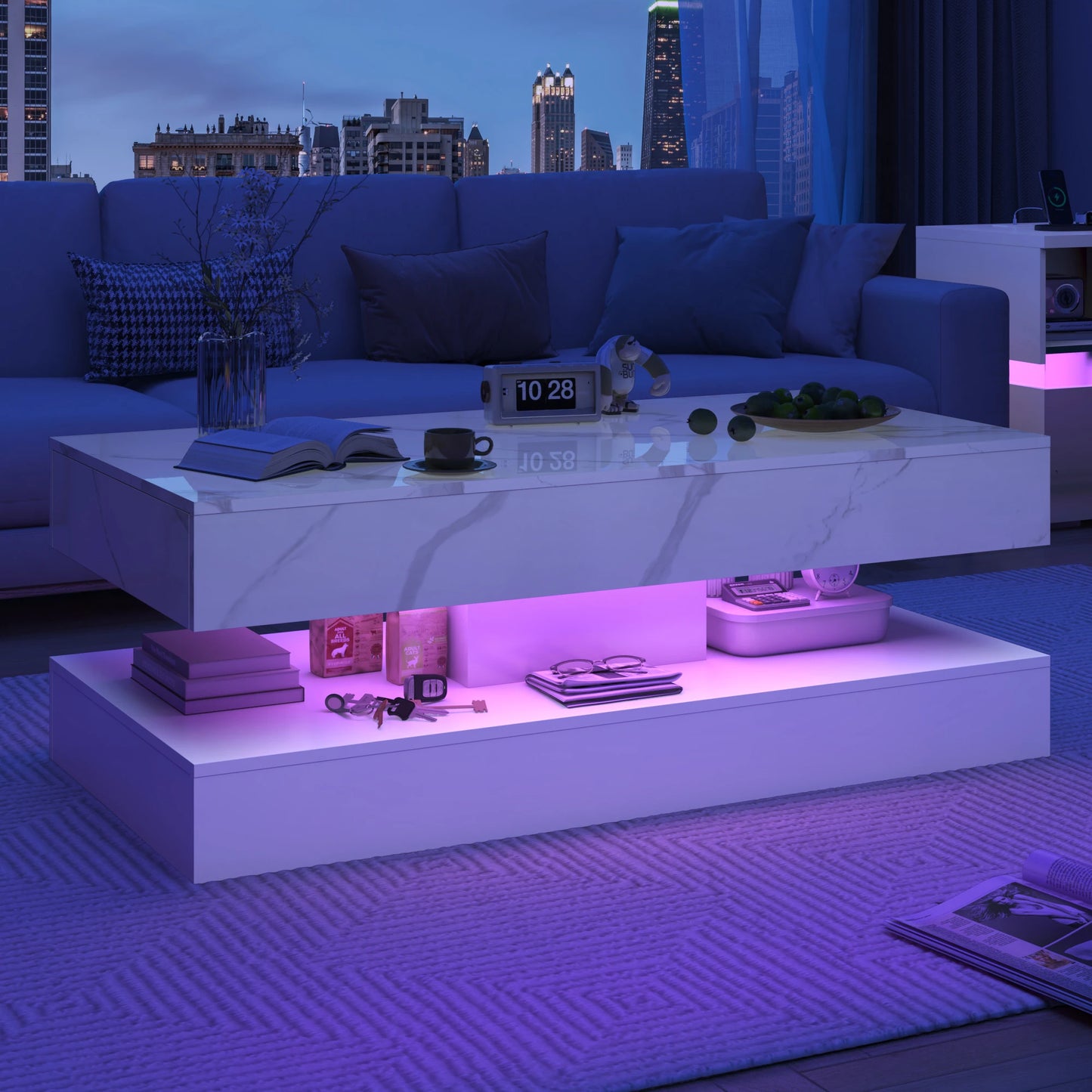 QiaoShiRen Coffee Table With LED Lights, Dual Storage Drawers