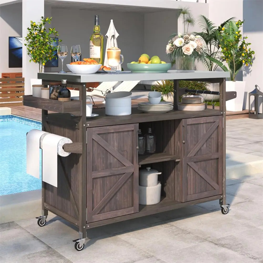 Outdoor Grill Table Stainless Steel Top Wood Kitchen Island Cabinet