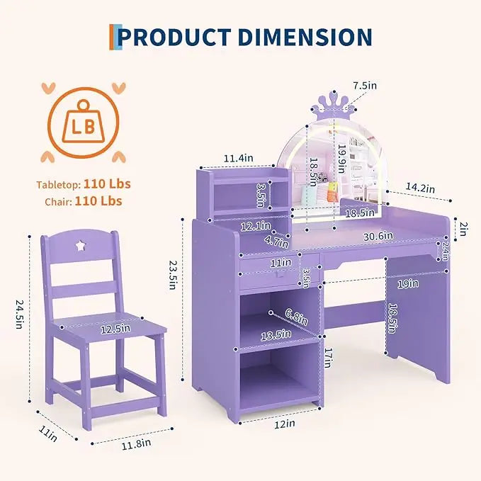 HiMISS Kids Vanity With Lights Desk Set For Girls Playroom