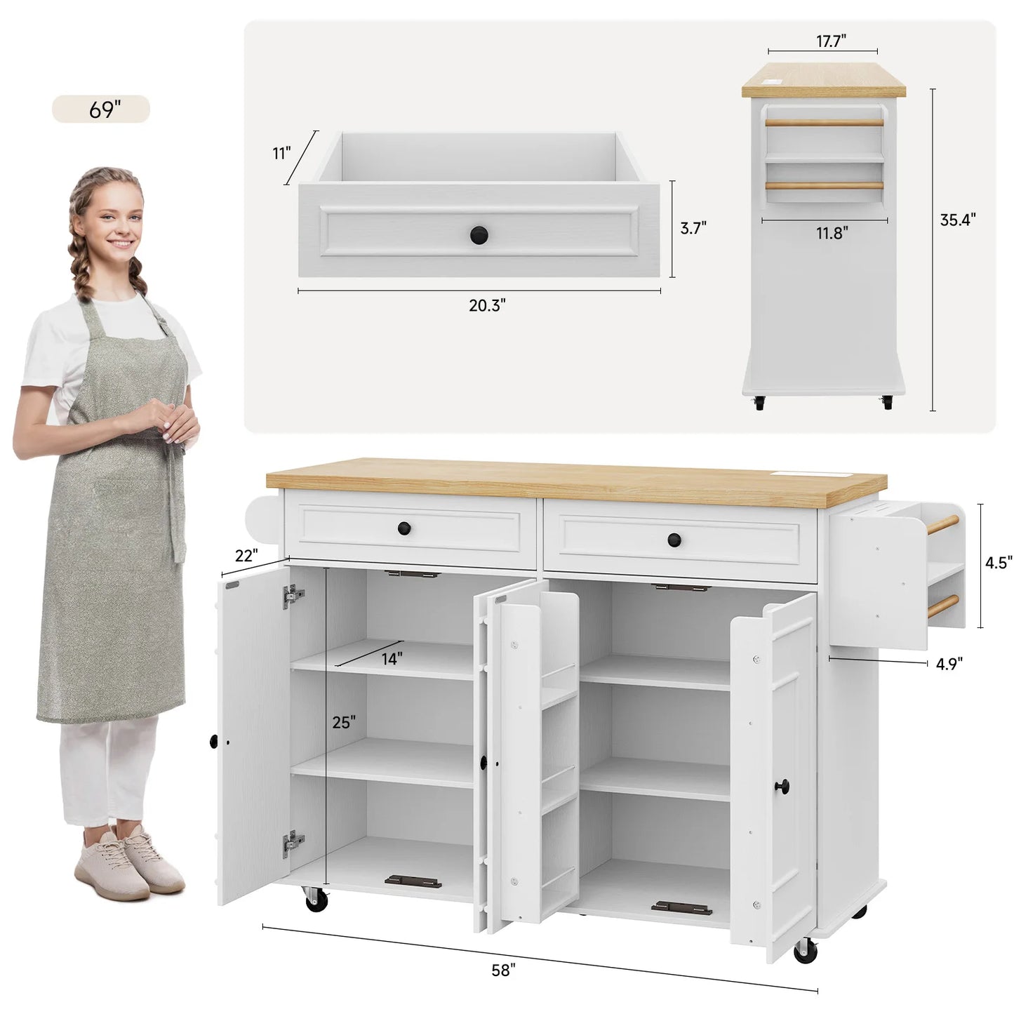 Mobile Kitchen Island With Power Outlet On Wheels Storage Cart