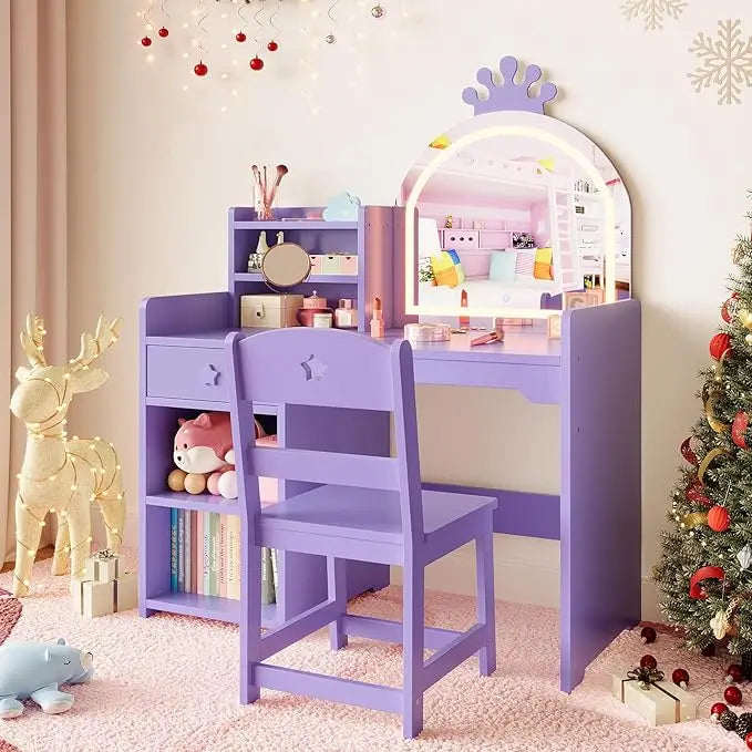 HiMISS Kids Vanity With Lights Desk Set For Girls Playroom