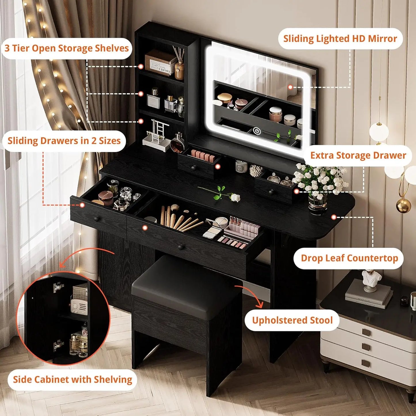 Vanity Desk With LED Mirror For Bedroom Makeup Organization