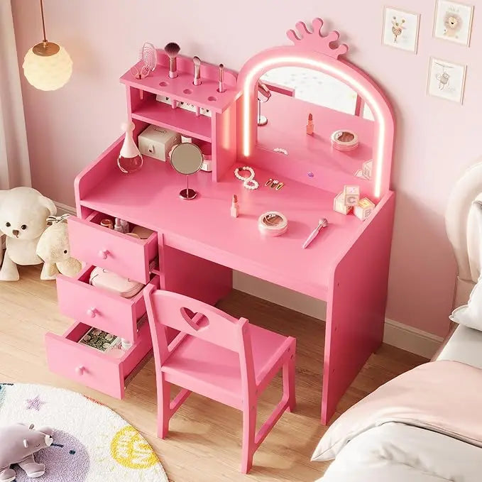 HiMISS Kids Vanity With Lights Desk Set For Girls Playroom